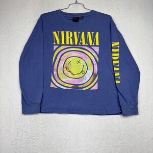 Nirvana Long Sleeve Smiley Face Graphic T-Shirt Blue Mens Large Band Tee